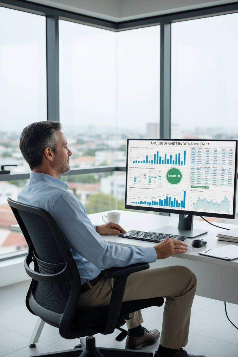 Homem de meia-idade trabalha em um escritório moderno, sentado em uma cadeira ergonômica e observando gráficos de análise financeira em um computador.